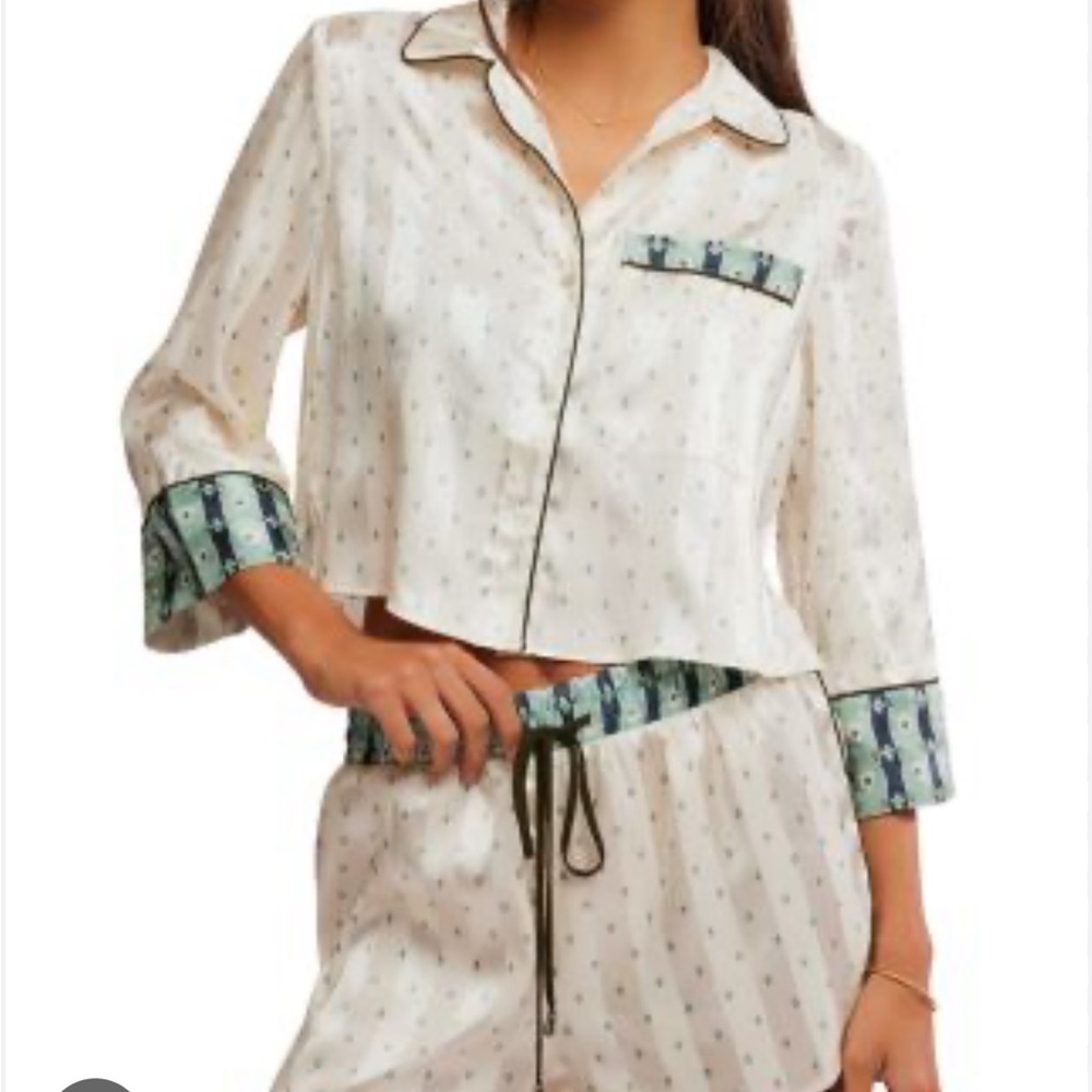Free People Cream Pajama Set with Green Trim
